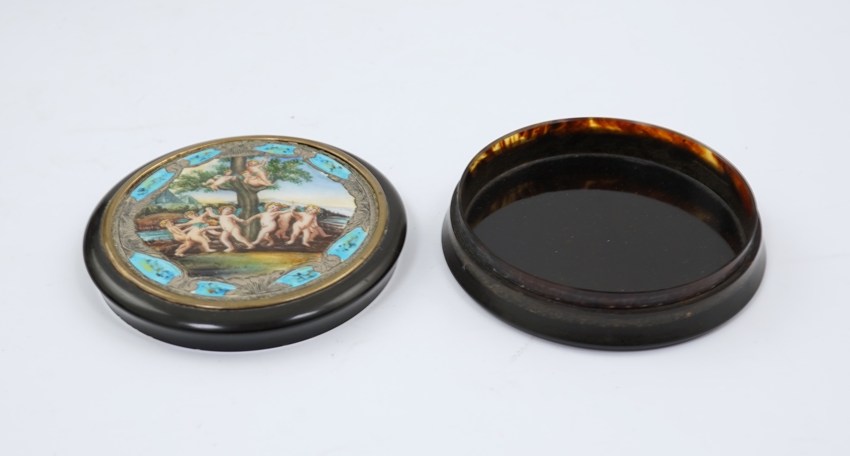 A 19th century Italian? silver and enamel mounted circular tortoiseshell box and cover